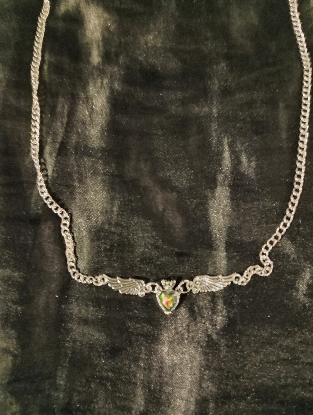 Silver Stainless Steel Necklace With Angel Wings And Sparkling Heart